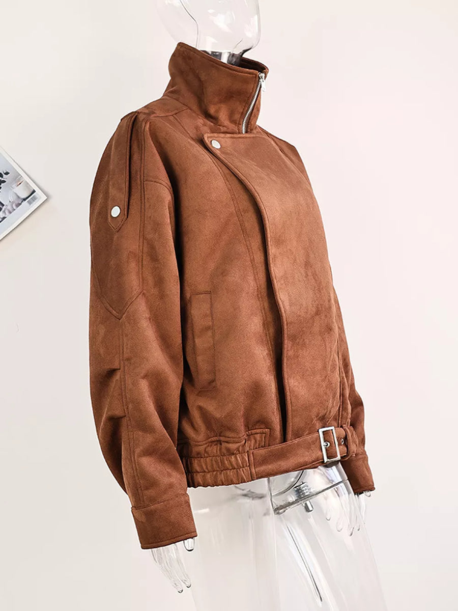 edgy moto jacket in Beige with collared