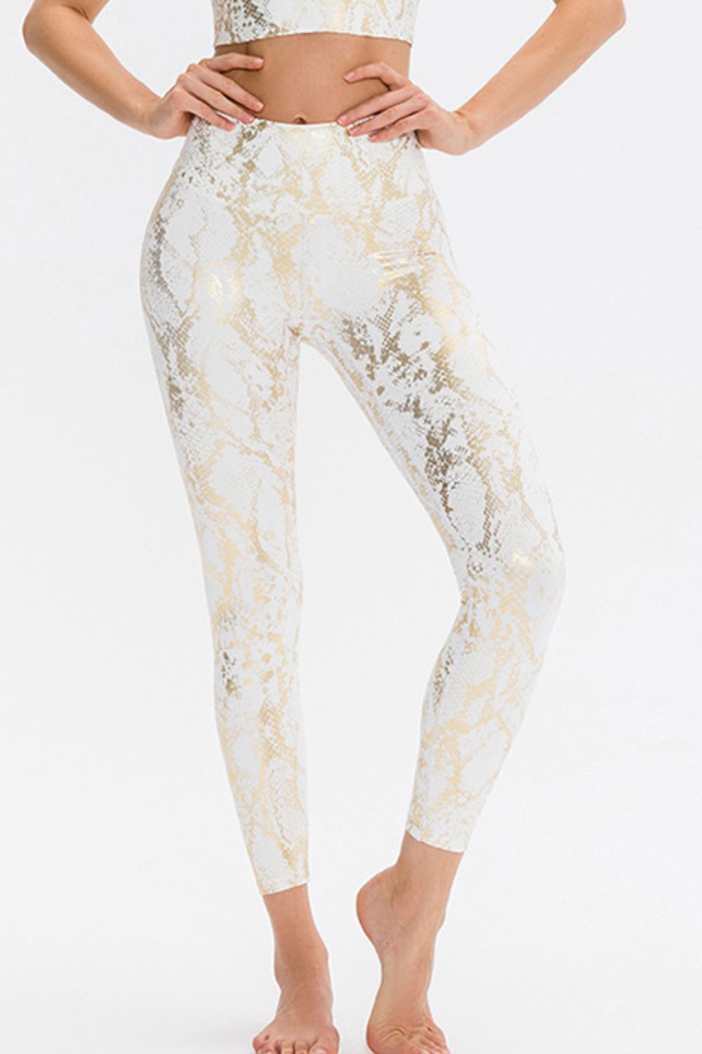 White leggings with golden python foil print, full length