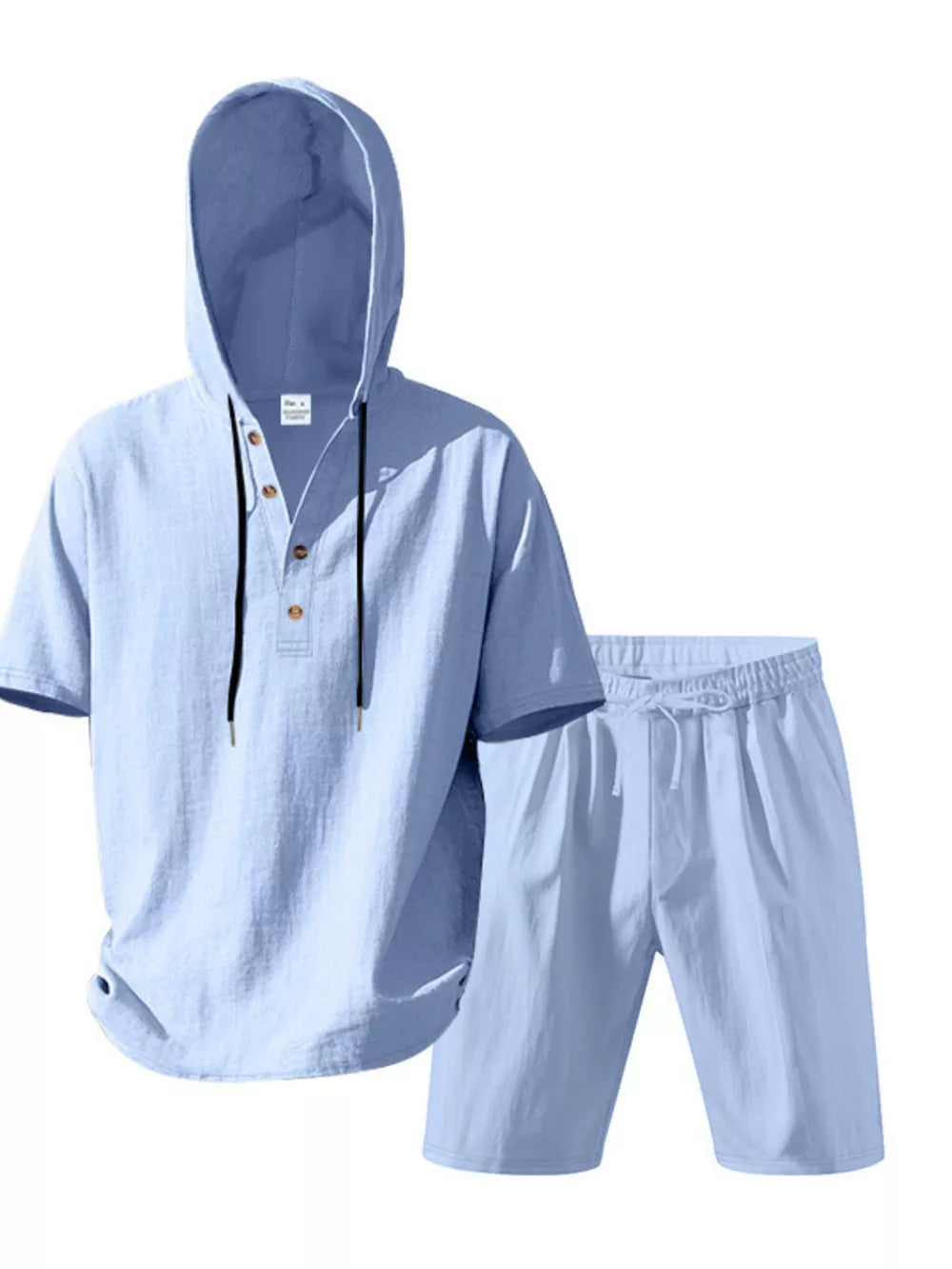 Light blue linen blend hooded short sleeve top and drawstring shorts ensemble