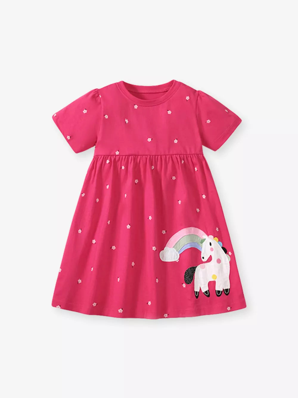 Pink cotton A-line toddler dress with embroidered unicorn and rainbow applique.