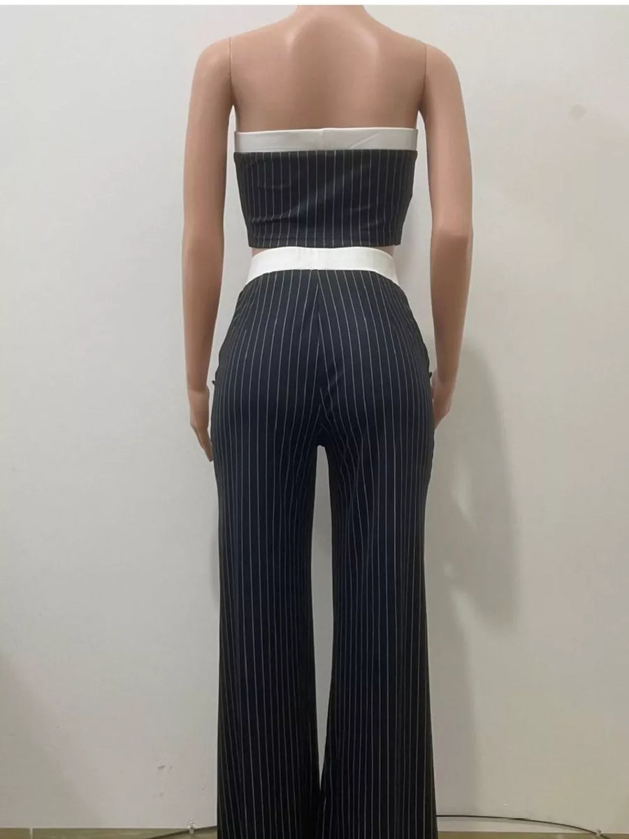 Black pinstripe strapless crop top and wide-leg pants set with white trim