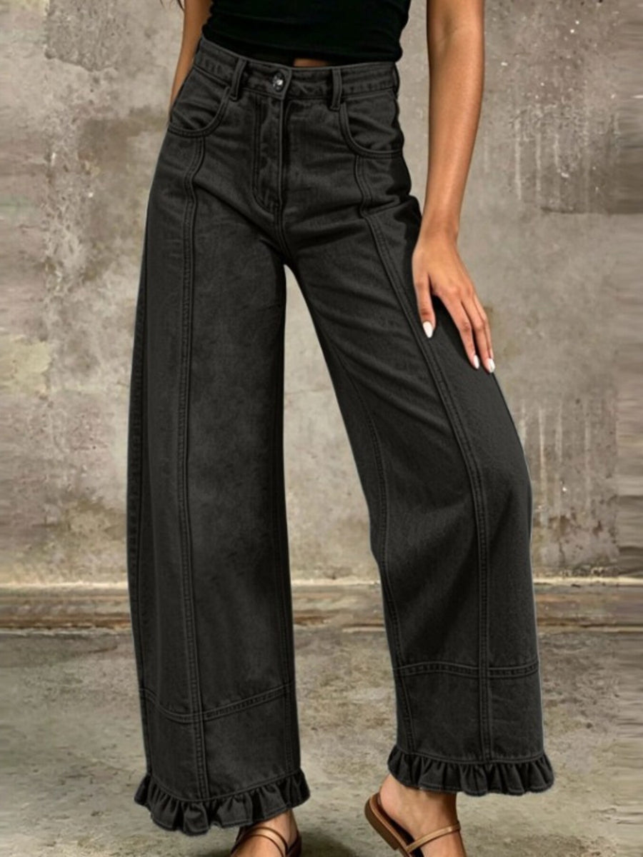 High-Waisted Wide-Leg Ruffle Hem Jeans Plus Size in light blue with buttoned