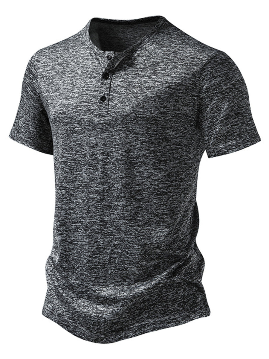 Men's dark gray mélange cotton short sleeve slim fit henley tee with curved hem.