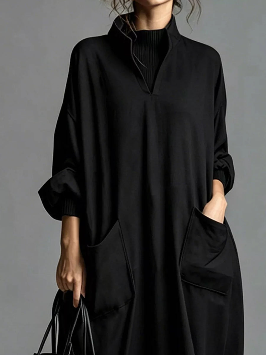 minimalist midi dress in dark brown with mock neck