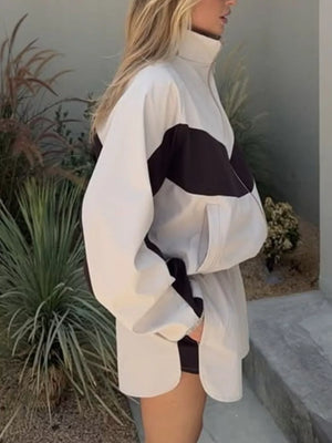 Apricot Color Block Zip Up Outerwear And Shorts Set