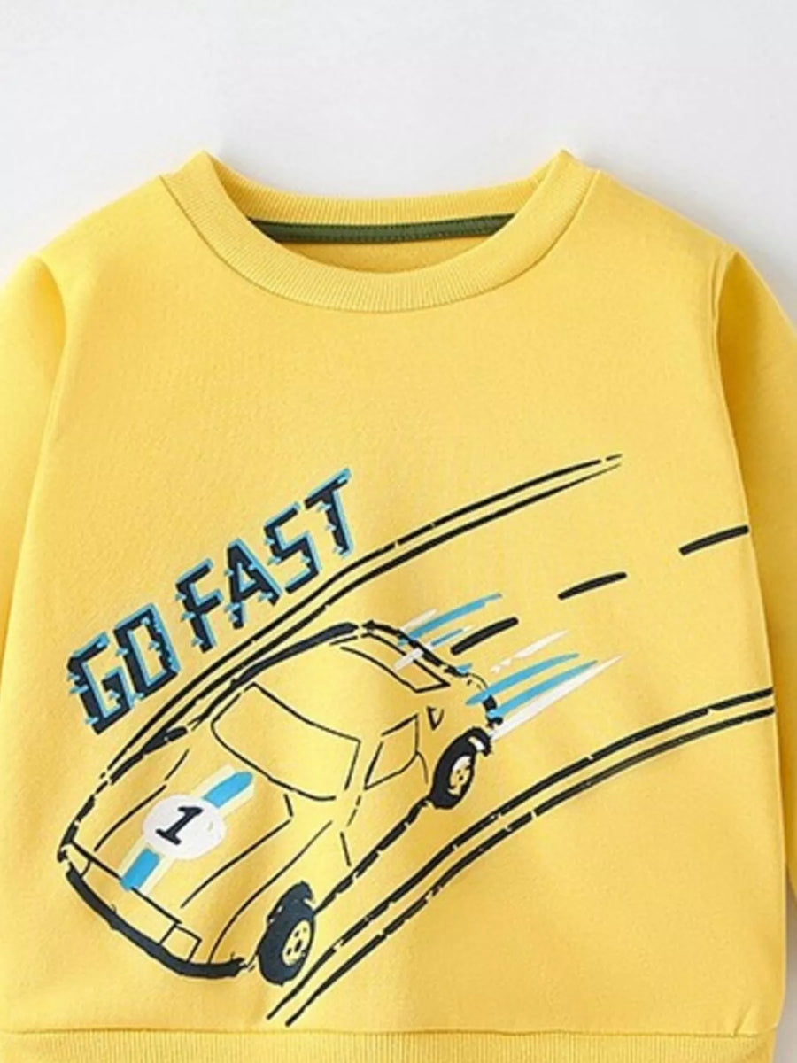 Yellow cotton crew neck sweatshirt with a car print and "GO FAST" text.