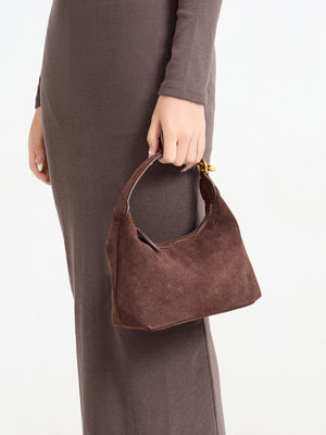 Minimalist Suede Crossbody Bag With Top Handle in chocolate brown with top handle