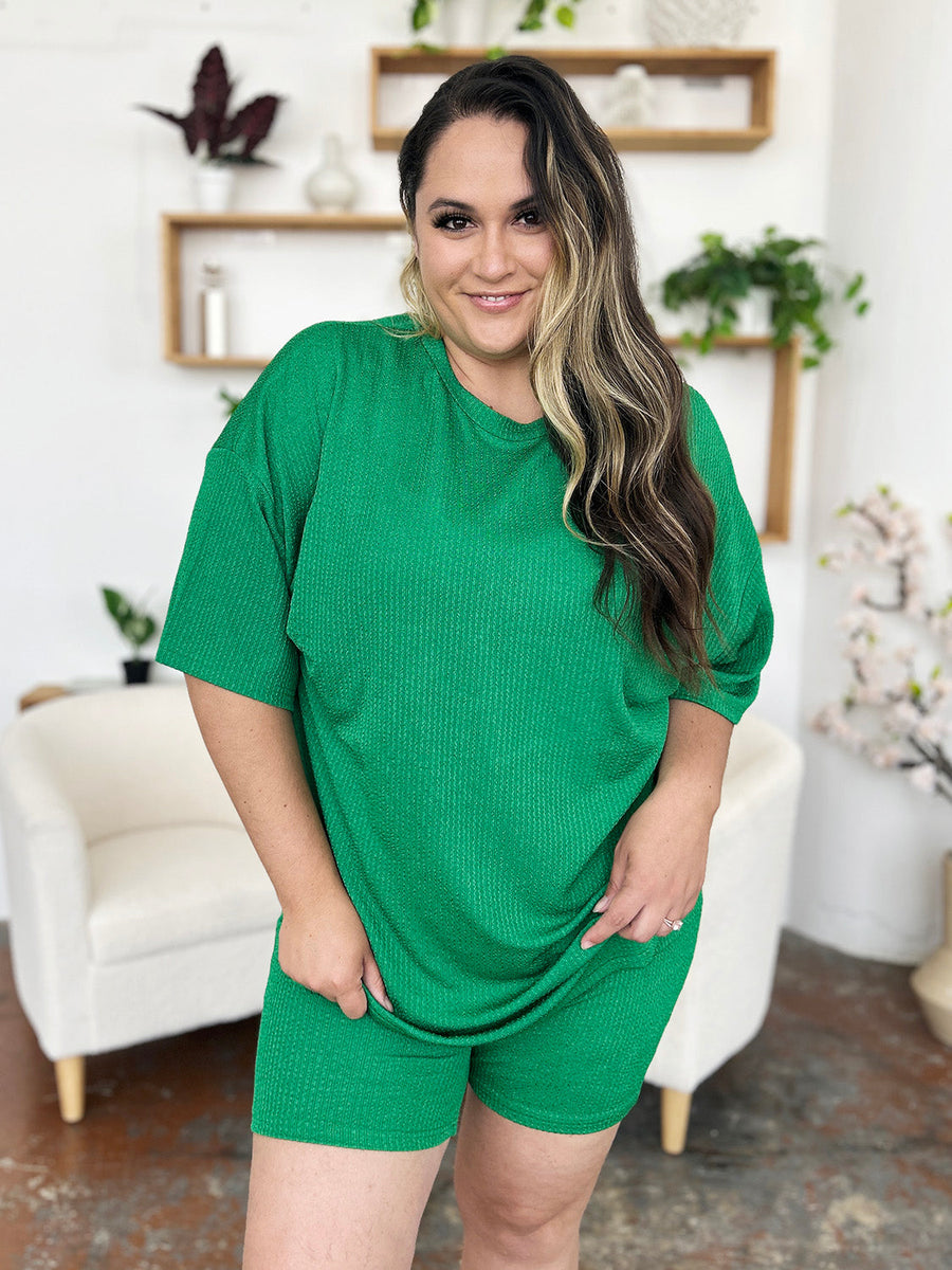 Textured boxy tee and biker shorts set in mid green, casual outfit