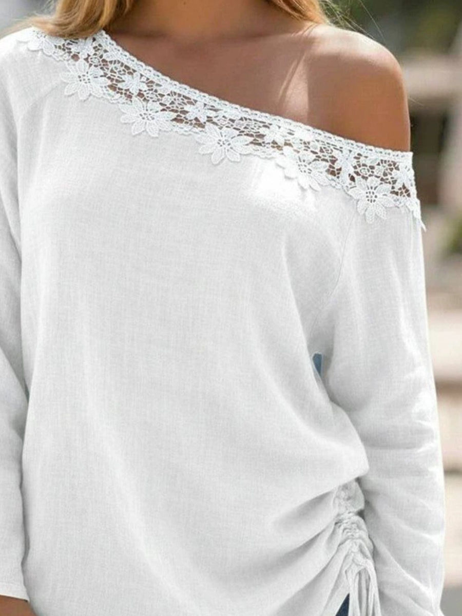 one-shoulder top in Gold with floral and lace