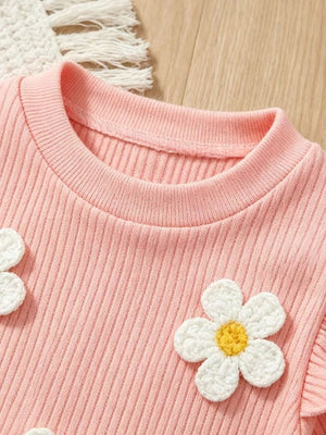 Pink with Children's Daisy Ruffled Ribbed Top & Flare Pants Set