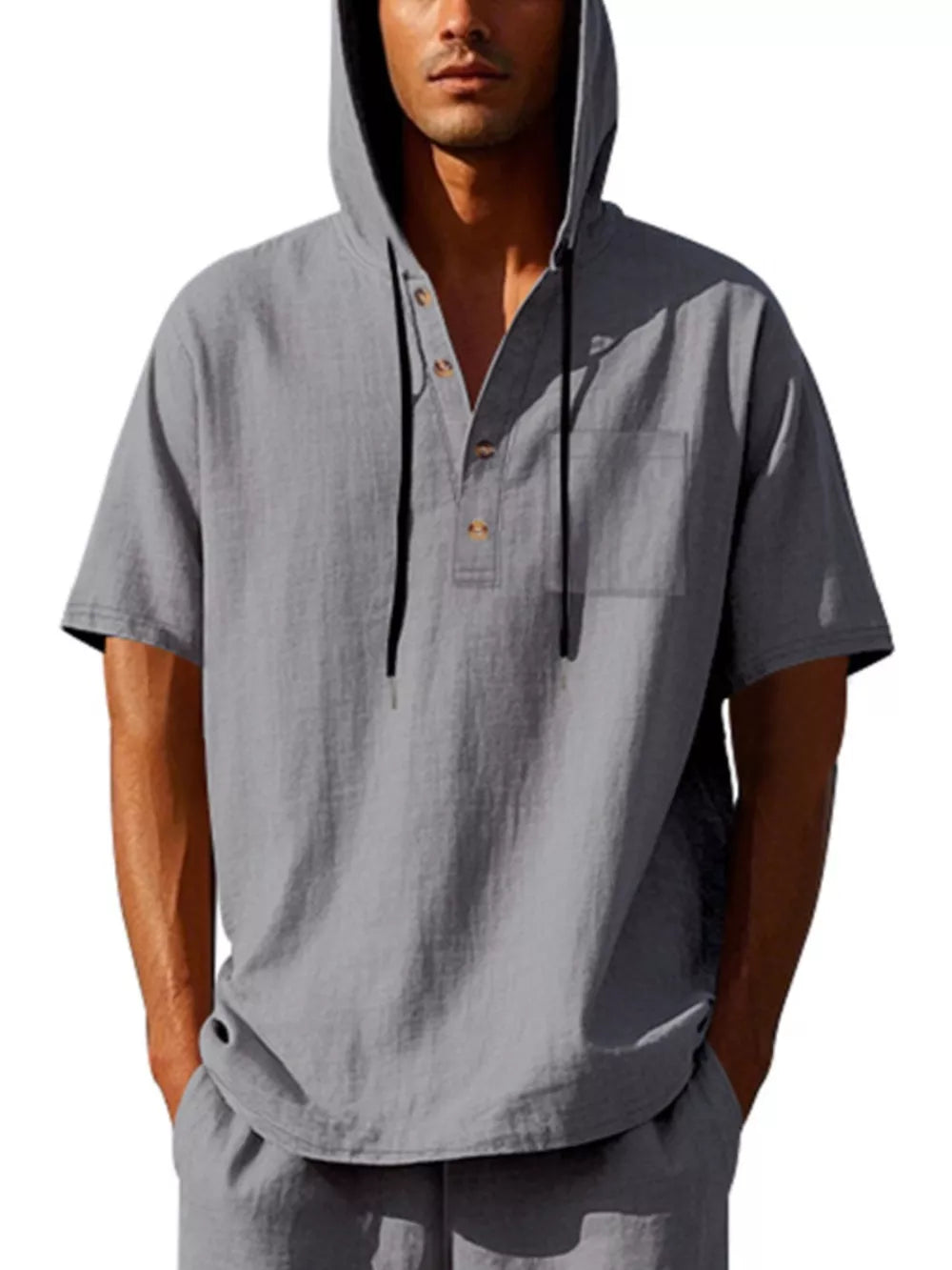 Men's grey linen short sleeve hooded shirt with button neck and chest pocket