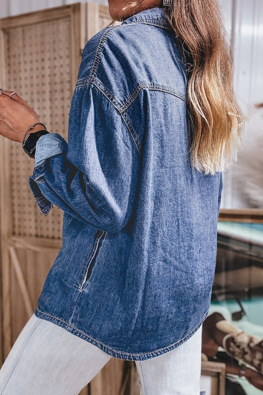 Dusty Blue western shirt with tunic-length and button-front