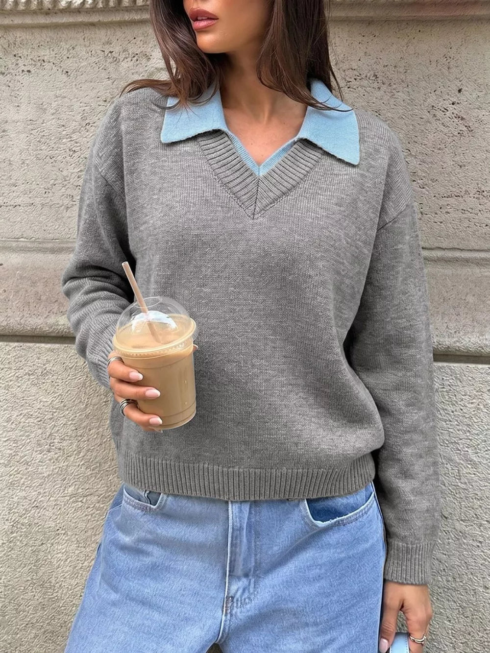 Gray Contrast Collar Dropped Shoulder Sweater