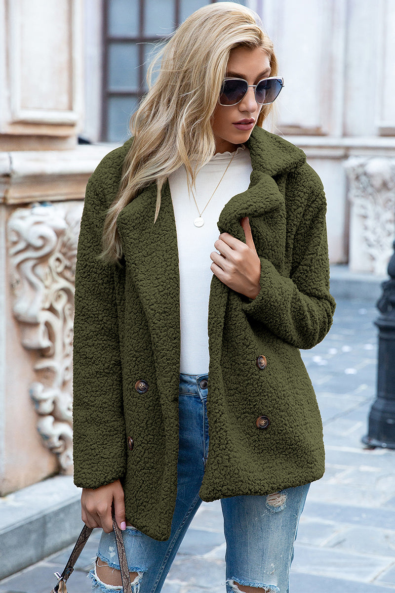 Army green teddy pea coat with double-breasted closure and button details.