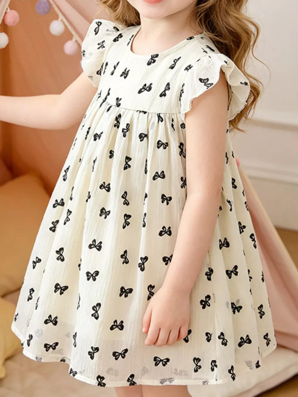 Children's Bow Print Flutter Sleeve Dress