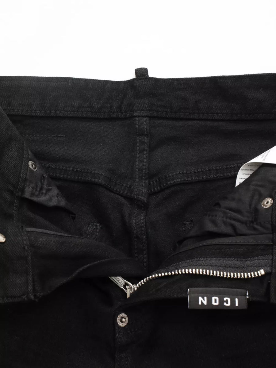 Black cotton slim fit jeans with zip fly and button closure.