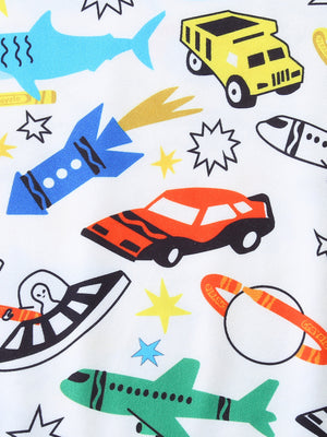 Toddler underwear with a white background and a colorful vehicle print including rockets, cars, planes, and sharks.