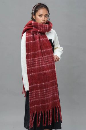 Deep Red plaid fringed winter scarf with a textured, brushed finish.