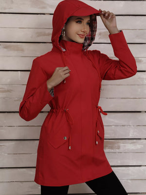 Red drawstring trench coat with hood and plaid lining, featuring snap pockets.