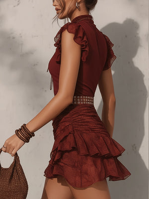 Red matching set featuring ruched and snakeskin