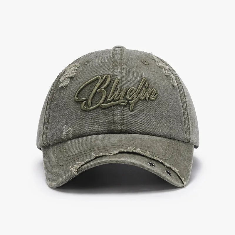 Sage cotton baseball cap with distressed details and embroidered logo