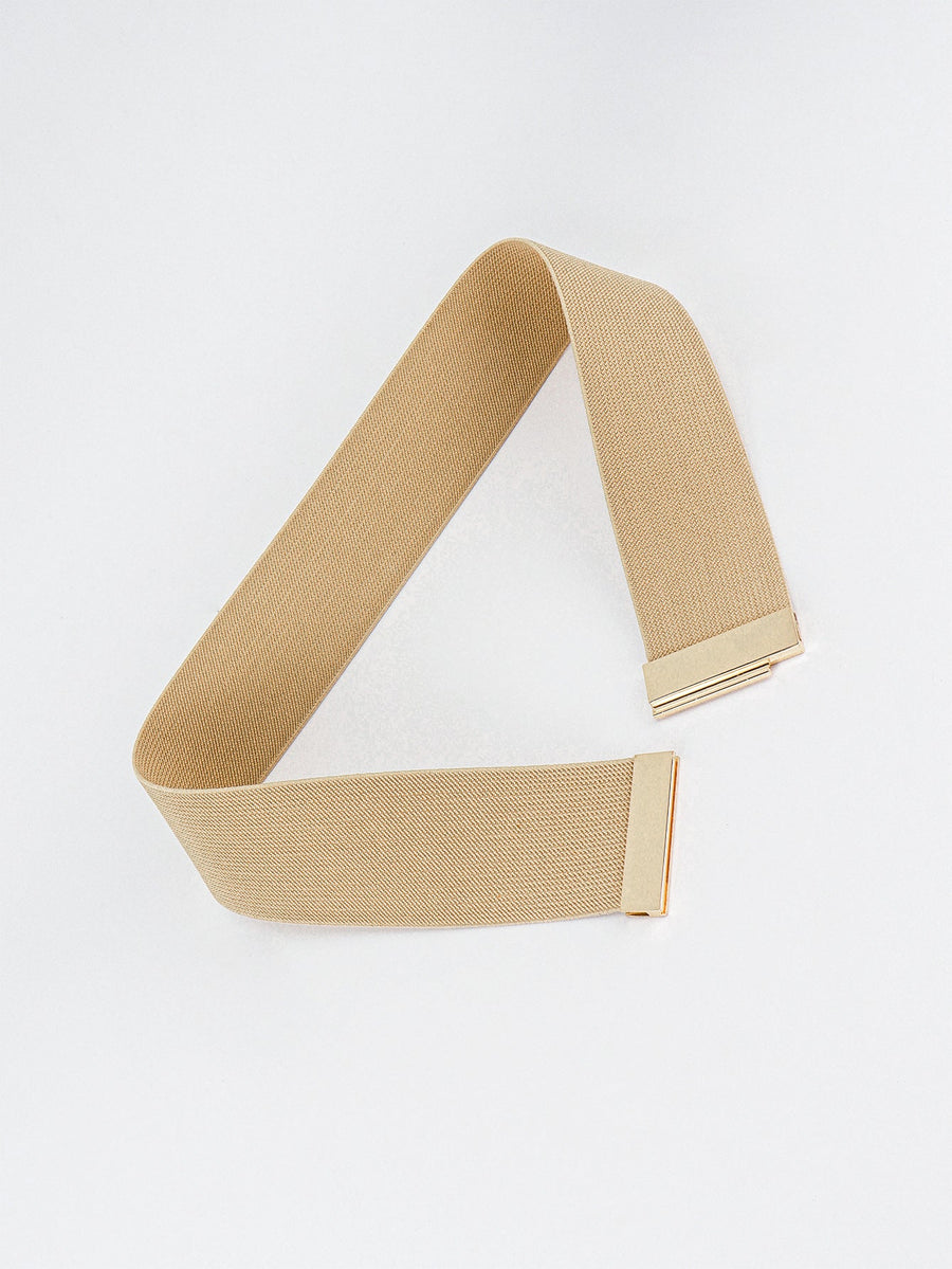 Tan elastic belt with a gold-tone clasp detail
