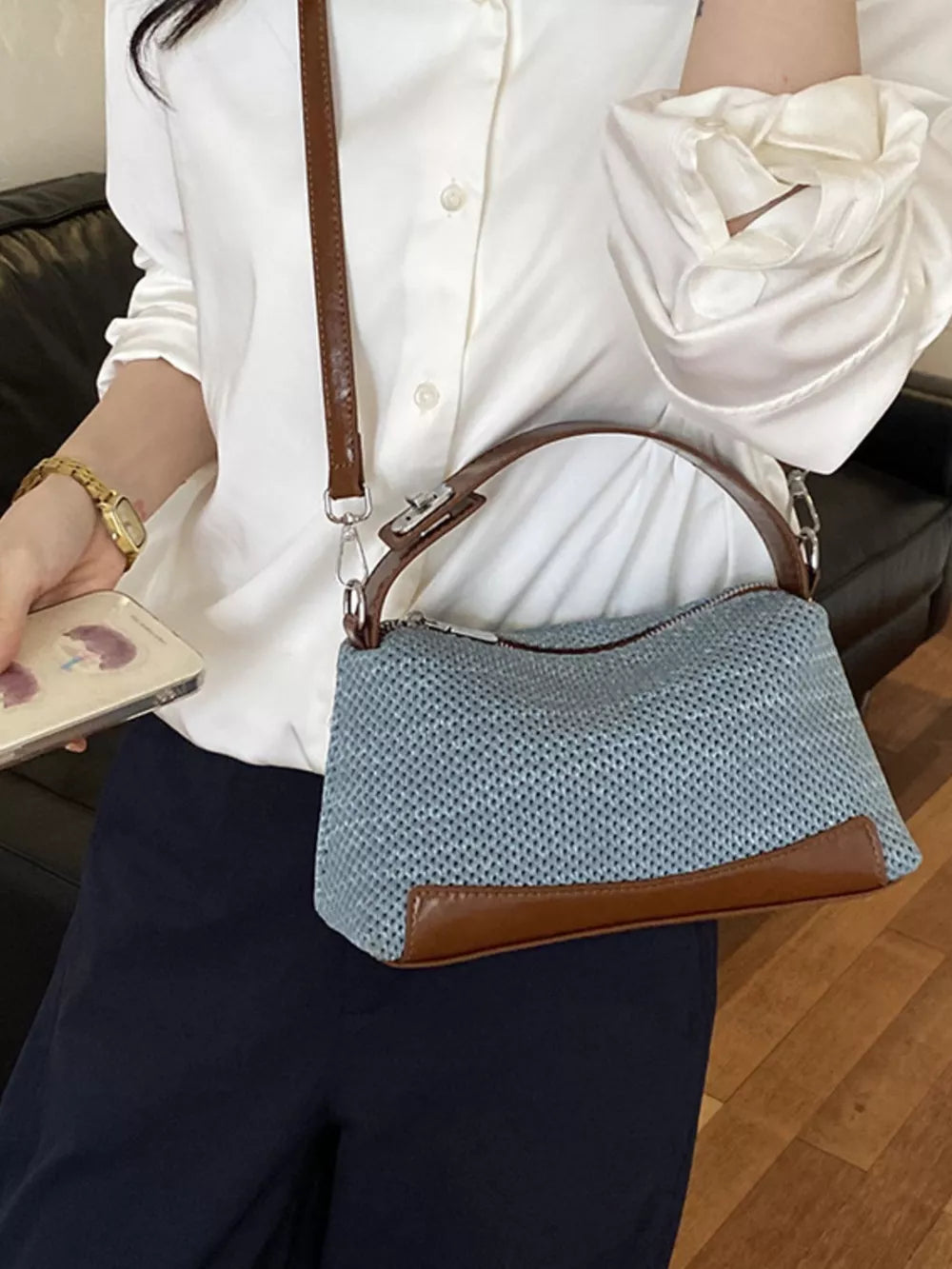 Blue Woven Texture Crossbody Bag