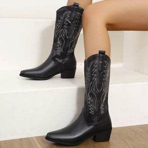 Black embroidered western-inspired mid-calf boots with block heels