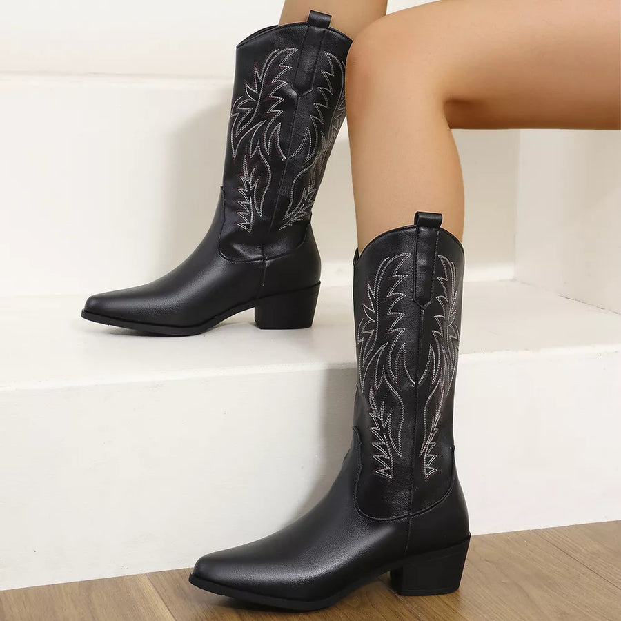 Black embroidered western-inspired mid-calf boots with block heels