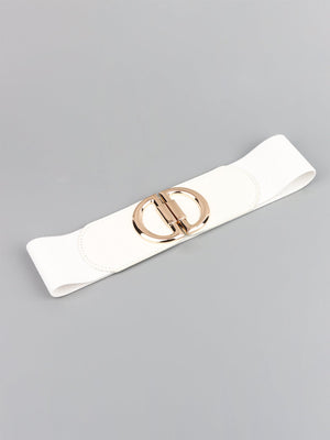 White elastic belt with double D gold buckle