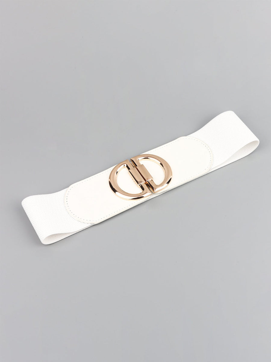White elastic belt with double D gold buckle