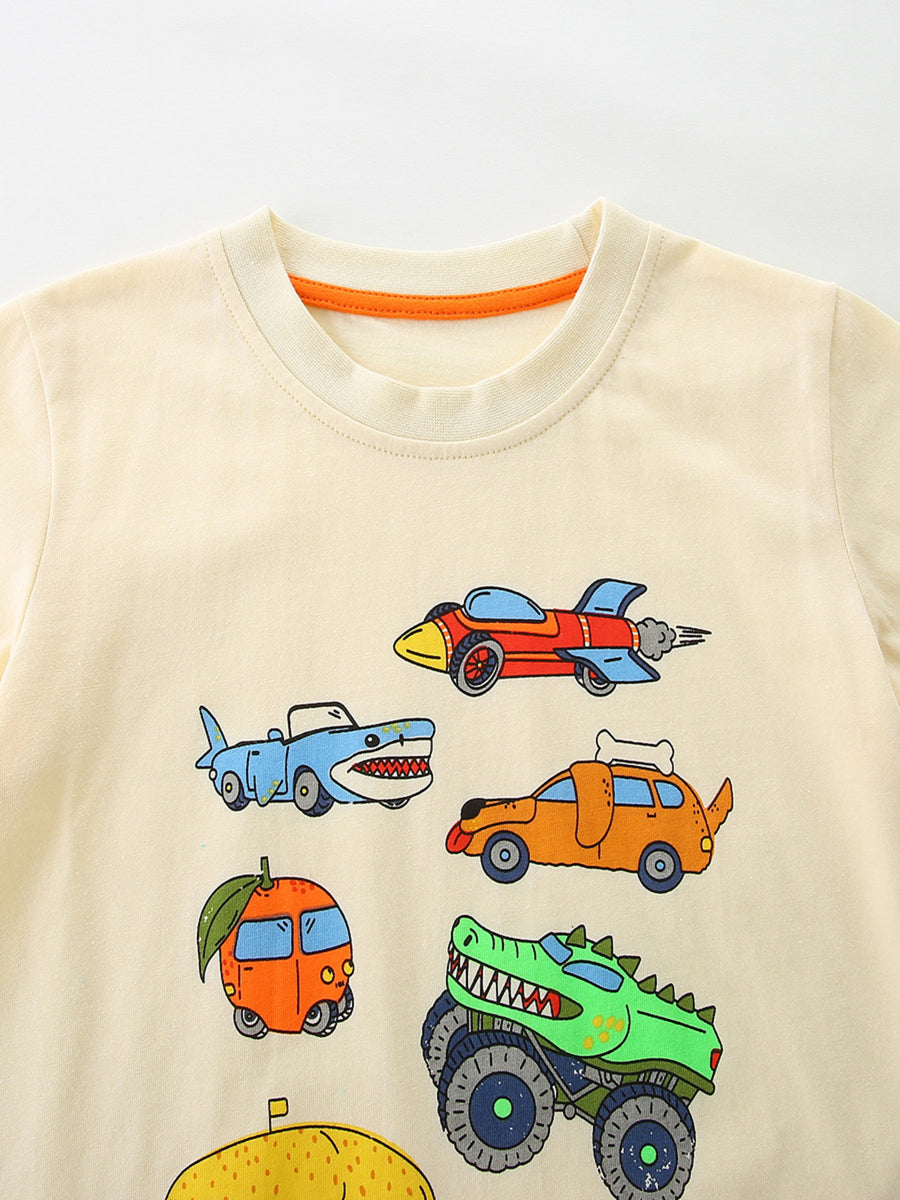 Cream cotton toddler t-shirt with whimsical vehicle print including a shark car, rocket, dog car, and monster truck.