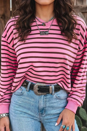 Stripe V Neck Drop Shoulder Long Sleeve Shirt option 6