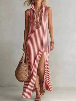 Full Size Striped Maxi Dress With High Slit in Blue