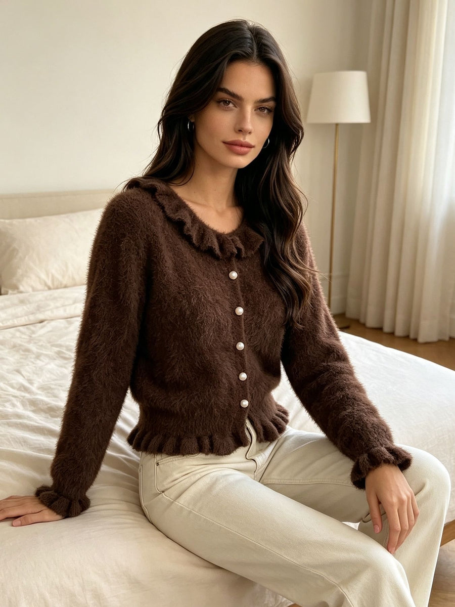 Soft Fuzzy Cardigan With Ruffled Collar in Pink