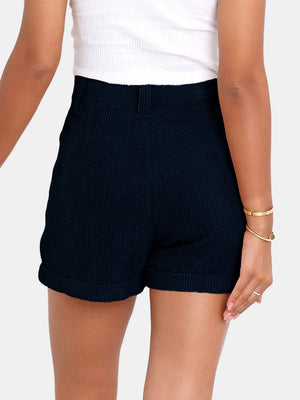 Dark Navy corduroy high-waist shorts with pleats and cuffed hems.