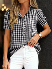white blouse featuring buttoned and gingham