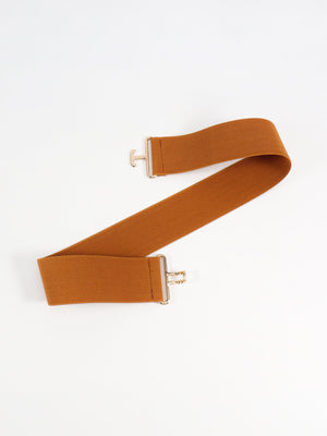 Caramel elastic belt with sculpted silver buckle detail