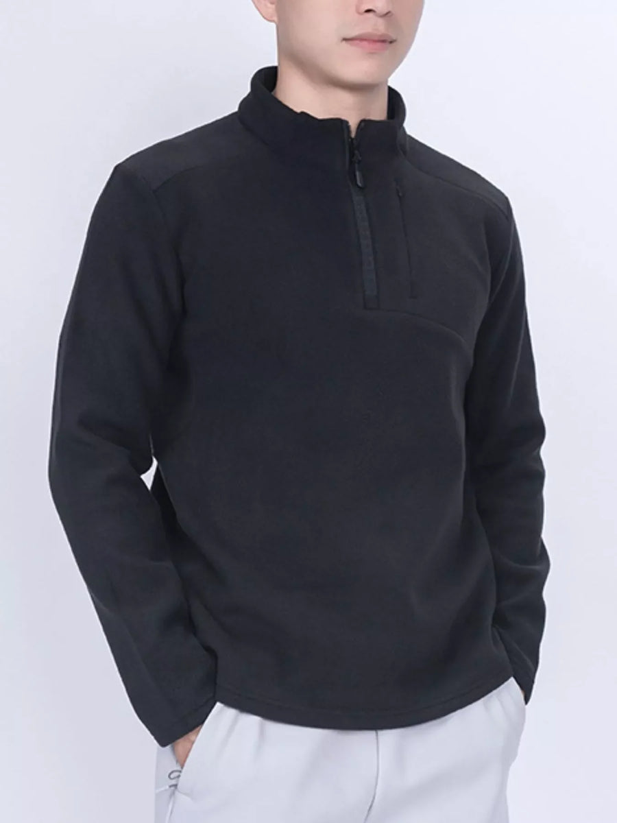 Black fleece quarter-zip sweatshirt with a zippered chest pocket and stand-up collar.
