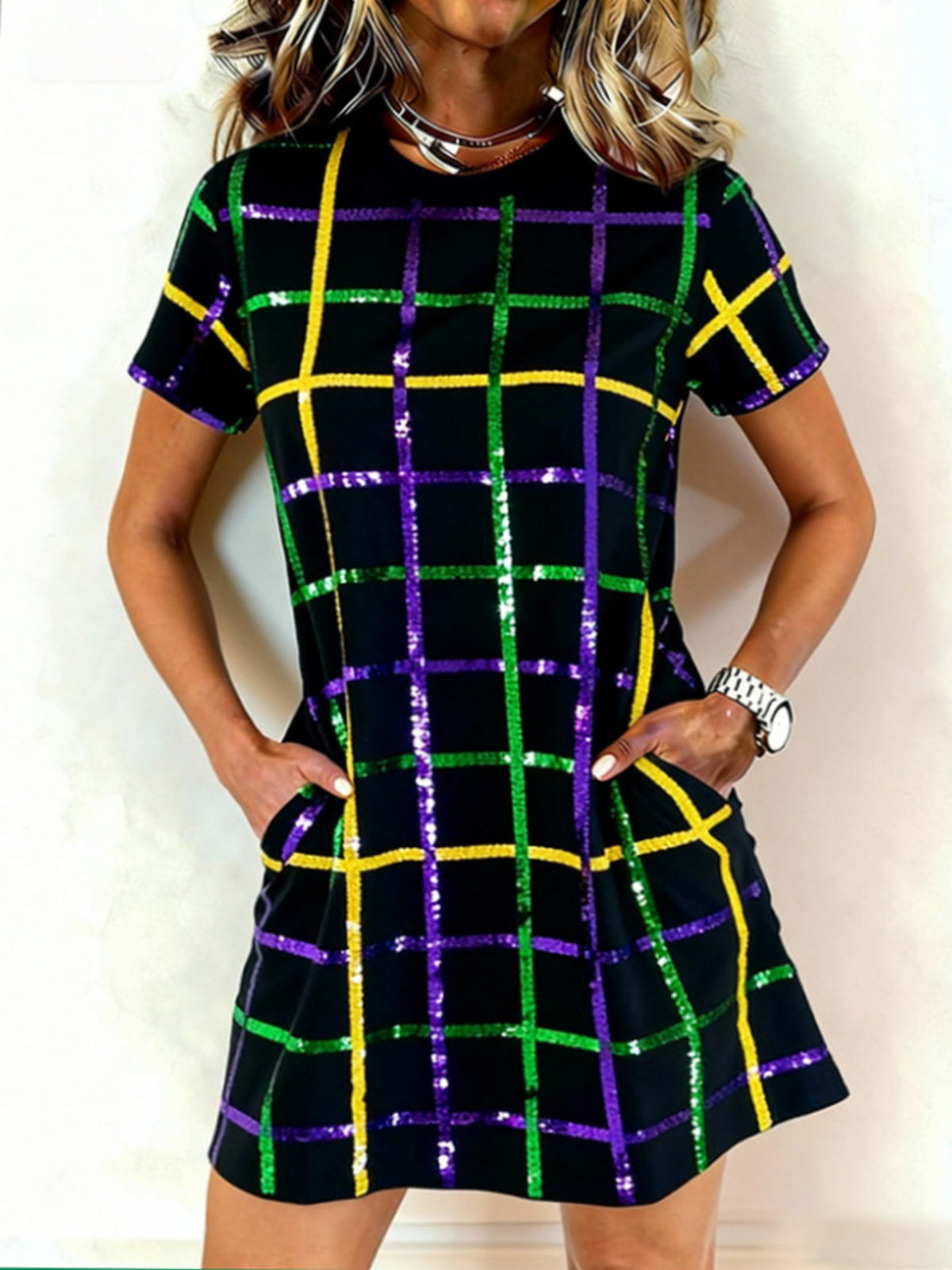 Multicolor Full Size Plaid Short Sleeve Mini Dress