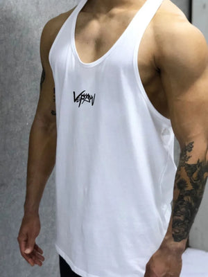 White performance racerback tank top with black graphic detail on chest