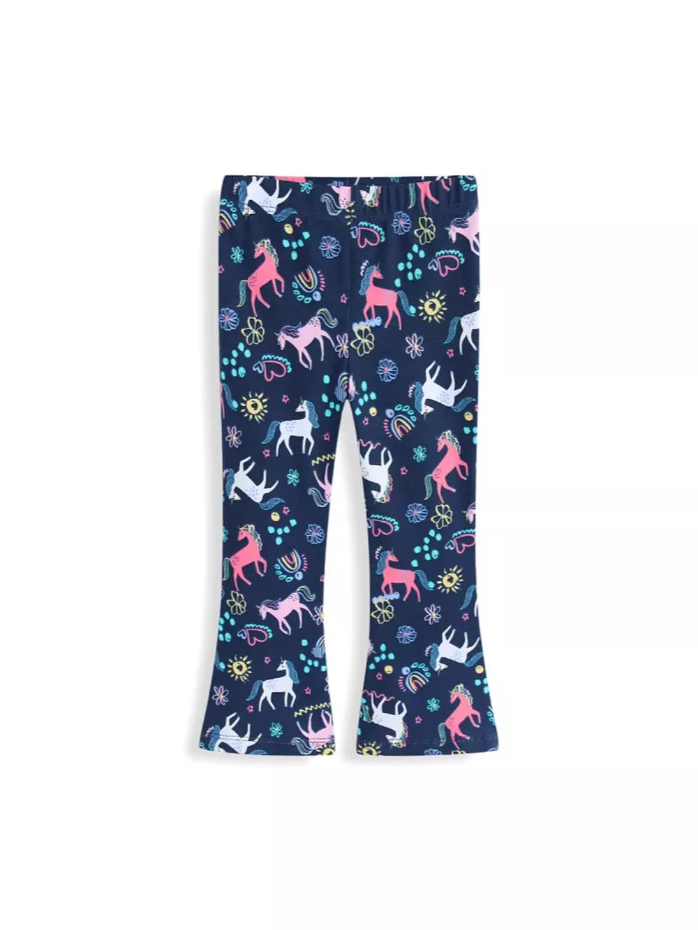 Toddler navy cotton leggings with a whimsical unicorn and rainbow print.