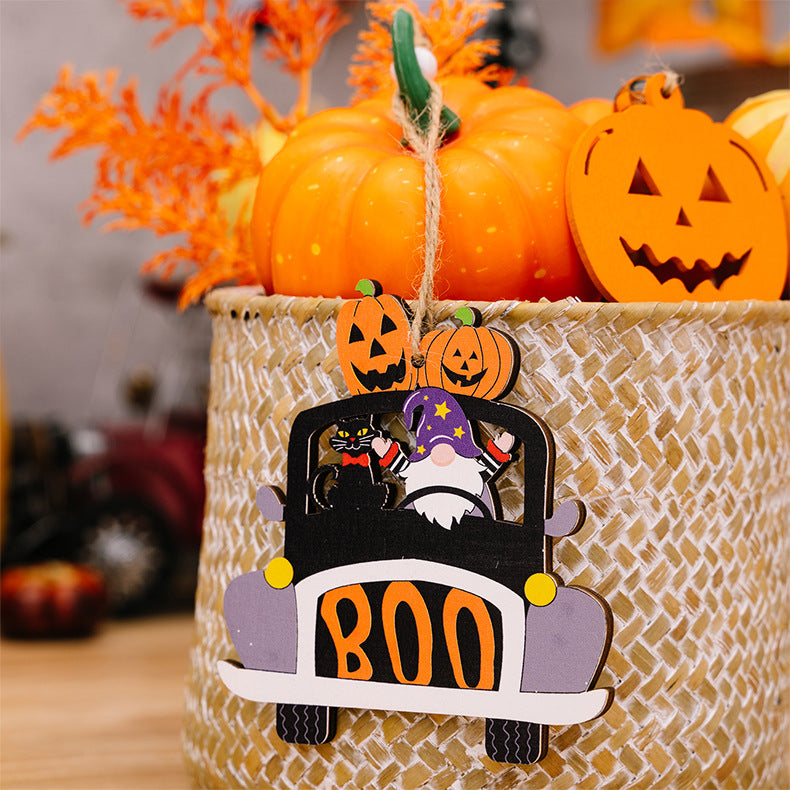 Halloween car ornament with gnome, black cat, and pumpkins, reads BOO