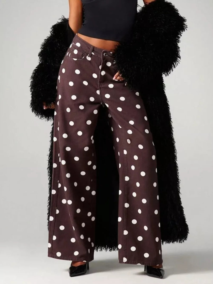 white wide-leg jeans featuring pocketed and polka dot