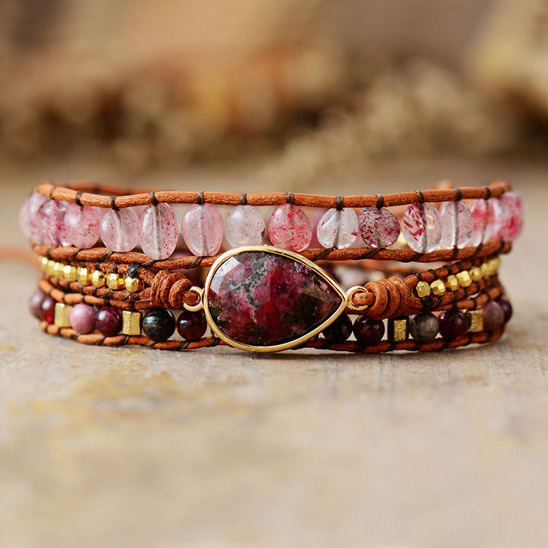 Bohemian wrap bracelet with teardrop gemstone and beads on leather cords
