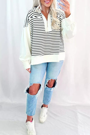 Stripe with Stripe Color Block Long Puff Sleeve Zip-up Top