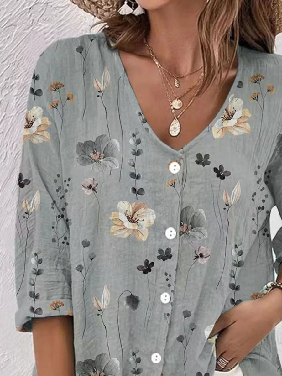 tan relaxed button-down shirt with v-neck