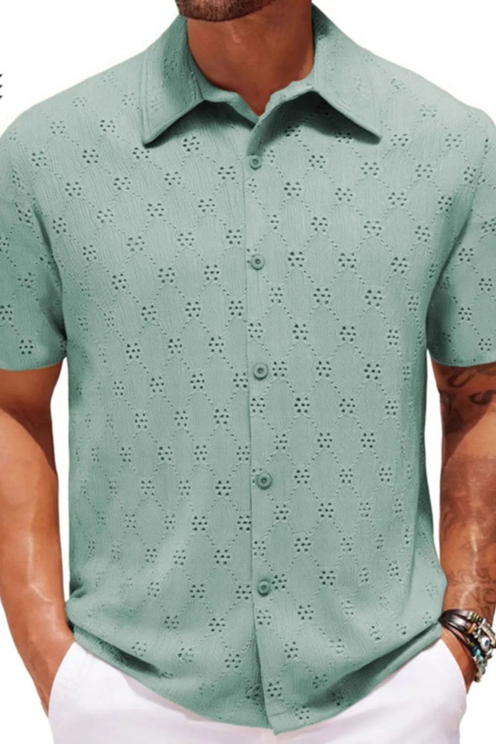 Geometric eyelet short sleeve resort shirt in Air Force Blue with button front and collar.