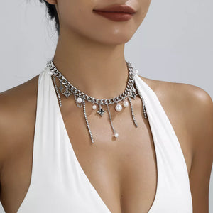 Tassel Star-moon Synthetic Pearl Pendant Choker in Silver