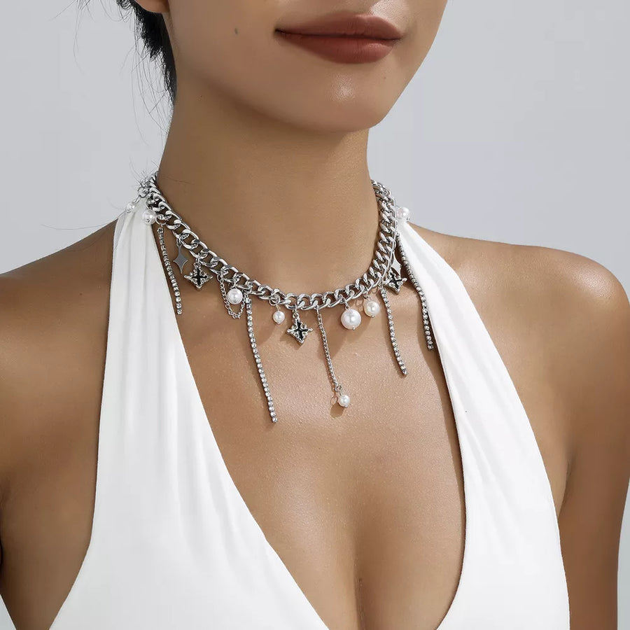 Tassel Star-moon Synthetic Pearl Pendant Choker in Silver